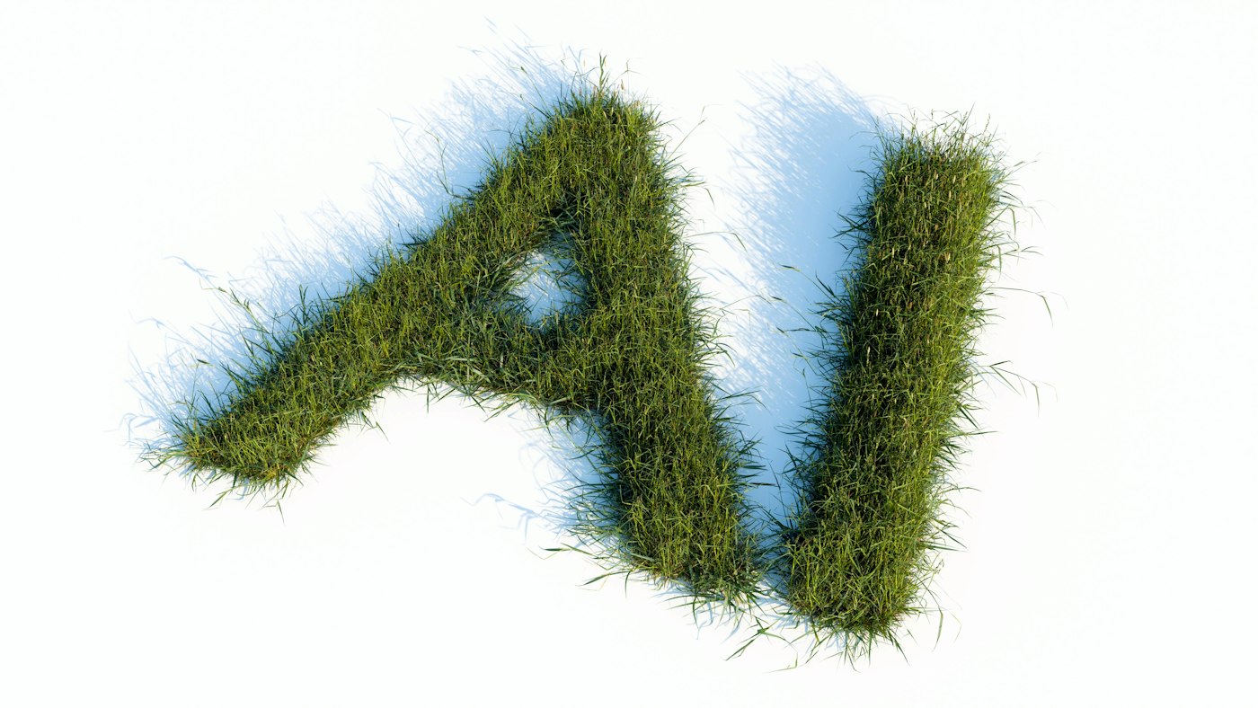 The letters AI made with grass. Made with Blender Cycles.